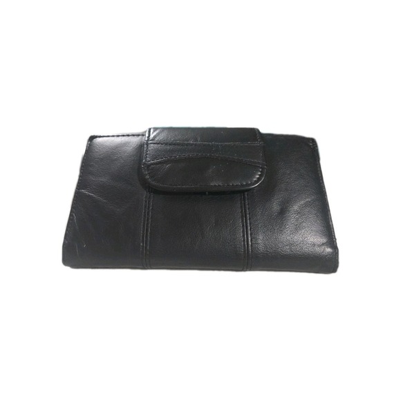 Vintage Black Leather Wallet Clutch Kiss Clasp - Picture 2 of 6